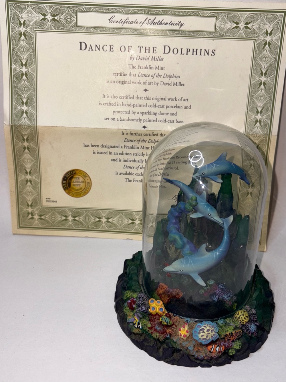 Dolphin Figurines w/Domed Glass Franklin Mint by David Miller COA no Box